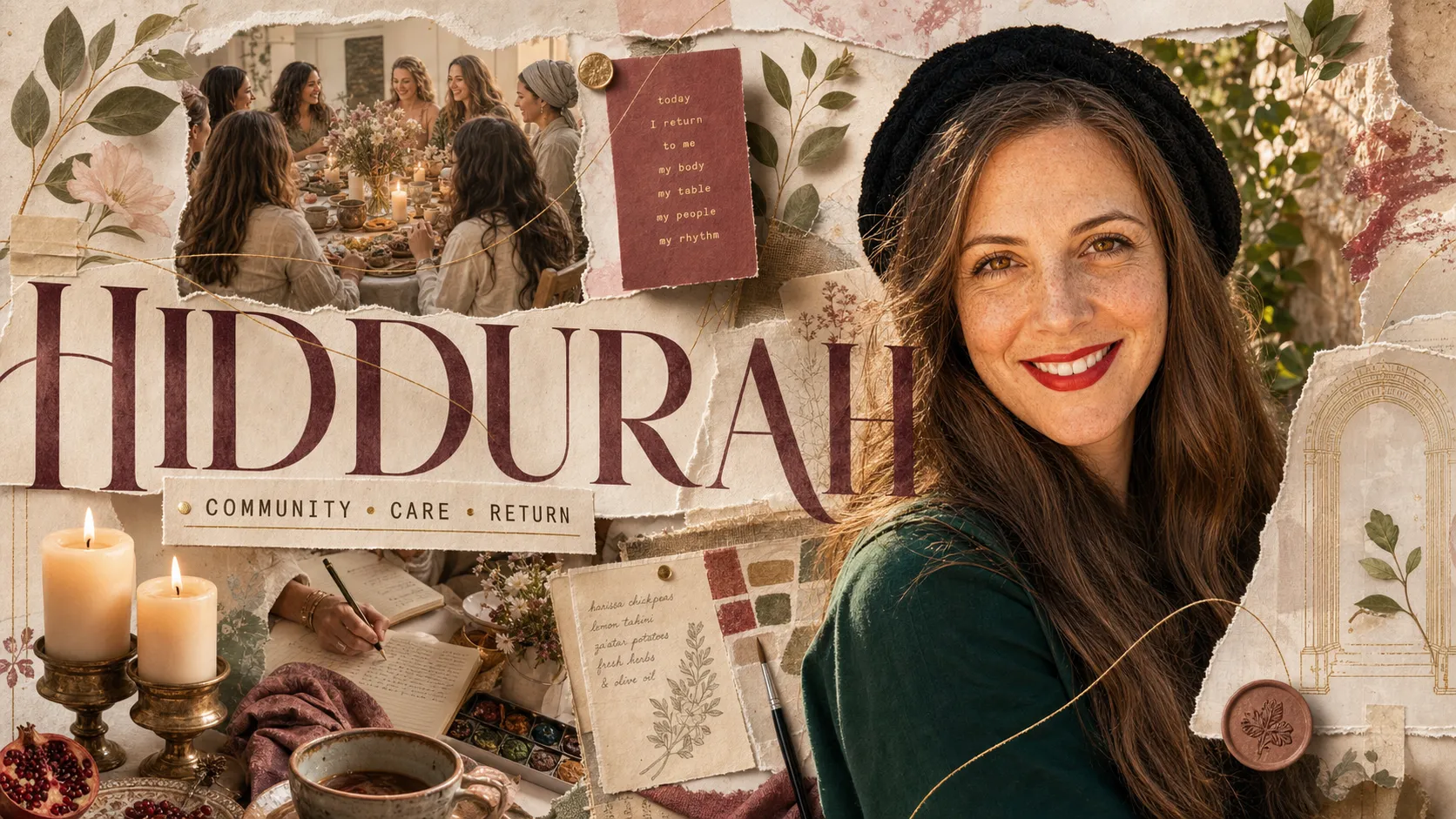 Hiddurah collage with Simcha Chaya, community table imagery, candles, flowers, and practice cards.
