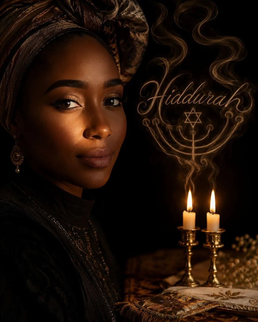 Simcha Chaya beside Shabbat candles in warm portrait artwork created for Hiddurah.